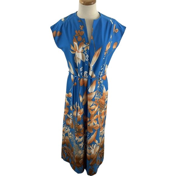 Nani of Hawaii Women's 11 Hawaiian Maxi Dress Blue Brown Floral Muumuu Shift - Picture 1 of 12